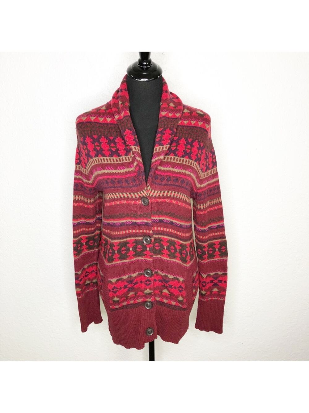 Eddie Bauer red brown southwestern wool blend button front cardigan size Small